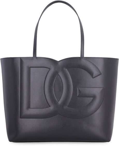 DOLCE & GABBANA Embossed Logo Black Leather Tote Handbag for Women