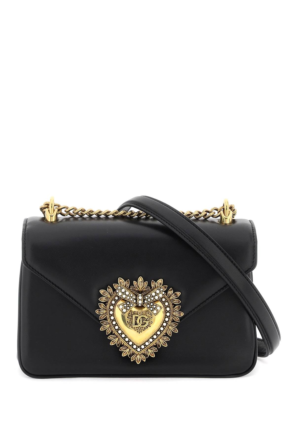 Black Leather Shoulder Bag with Handmade Sacred Heart and Decorative Pearls