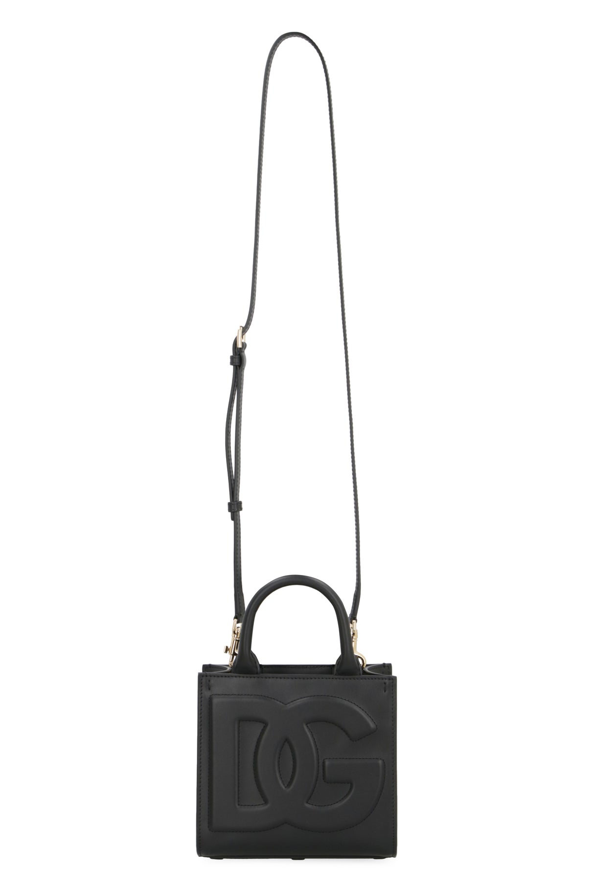 Black Leather Mini Handbag with Two Handles and Gold-Tone Hardware