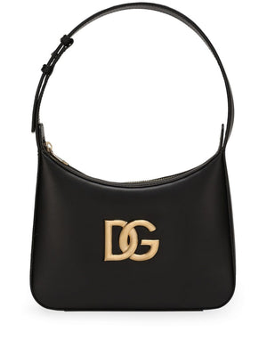 DOLCE & GABBANA Black Calfskin 3.5 Shoulder Handbag with Gold-Tone Metal Logo