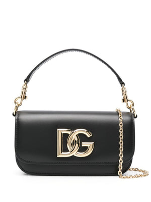 DOLCE & GABBANA Black Leather Handbag for Women - Magnetic Flap Closure, Removable Handle, Chain Strap, Gold-Tone Hardware, 19x11x5 cm