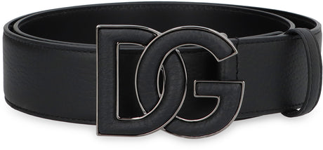 Men's DG Logo Leather Belt with Deer Print in Black