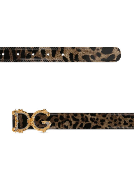 Leopard Print Brown Leather Belt with Logo Plaque