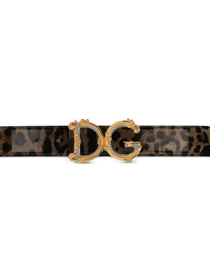 Leopard Print Brown Leather Belt with Logo Plaque