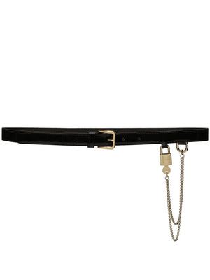 DOLCE & GABBANA Stylish Black Patent Leather Belt with Chain-Link and Padlock Detail, Adjustable Fit for Women - FW23