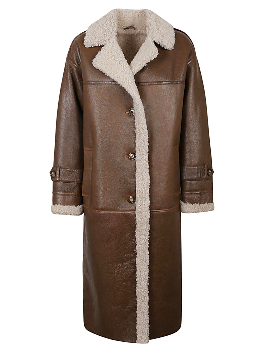 Camel Shearling Long Jacket in V-Neck and Decorative Buttons