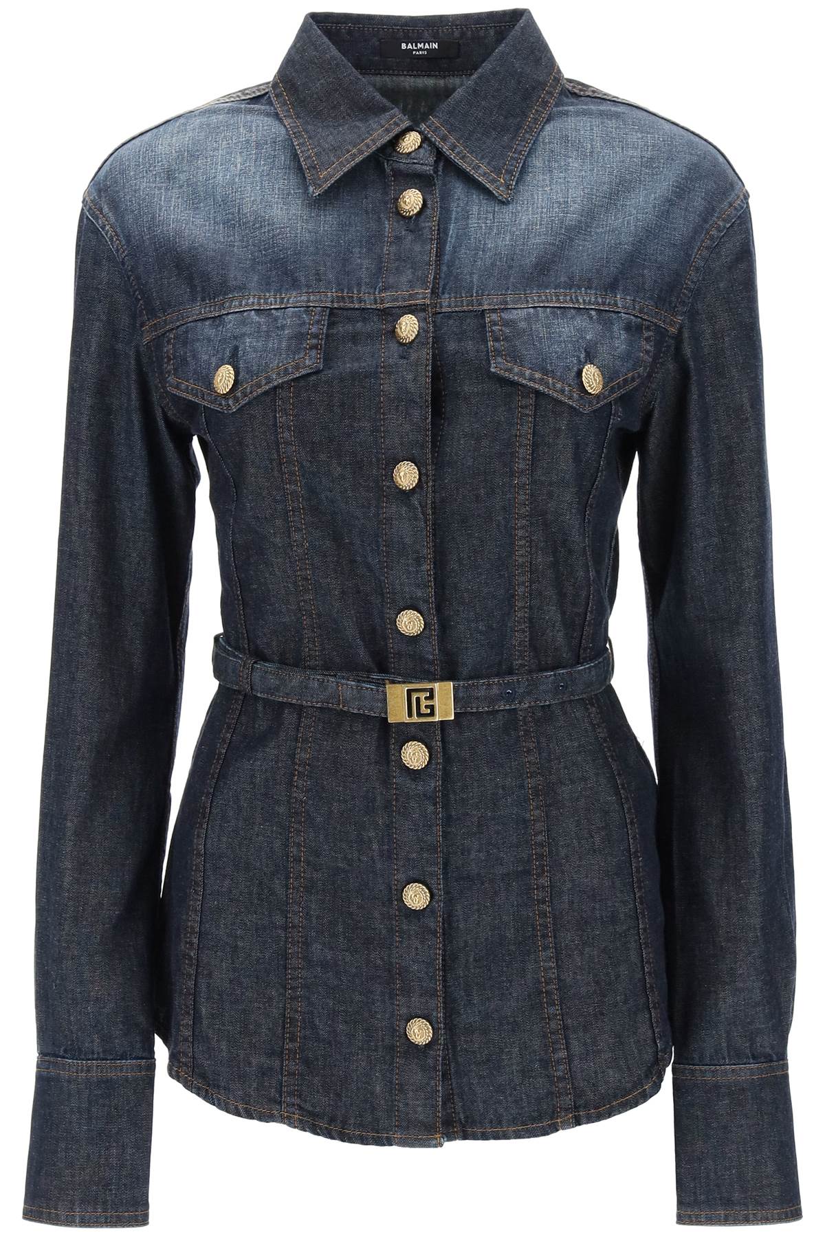 BALMAIN Waisted Dark Wash Denim Shirt with Adjustable Belt