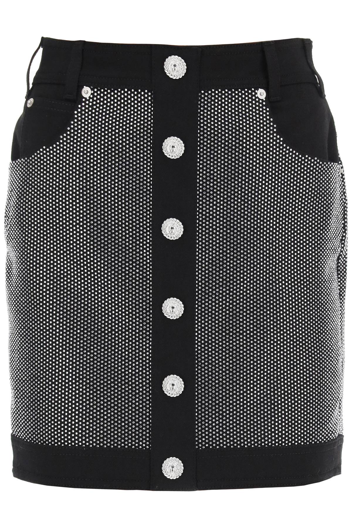 BALMAIN Studded Denim Mini Skirt | Rhinestone Detail, High Waist, Fitted Style