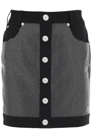 BALMAIN Studded Denim Mini Skirt | Rhinestone Detail, High Waist, Fitted Style