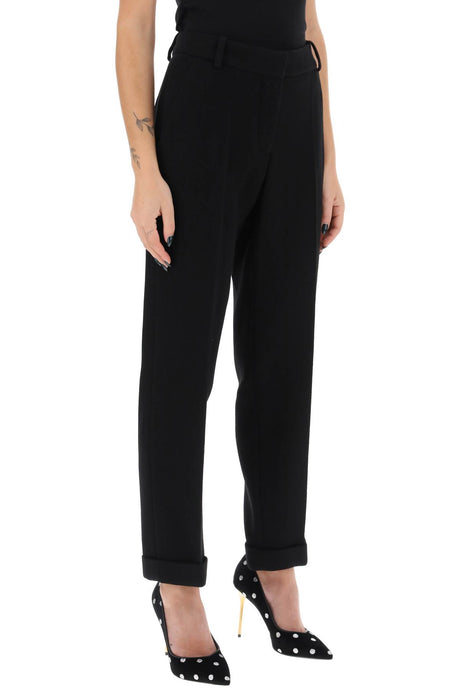 High-Waisted Wool Crepe Cuffed Trousers for Women in Black