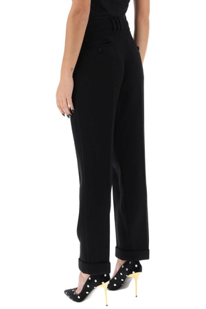 High-Waisted Wool Crepe Cuffed Trousers for Women in Black