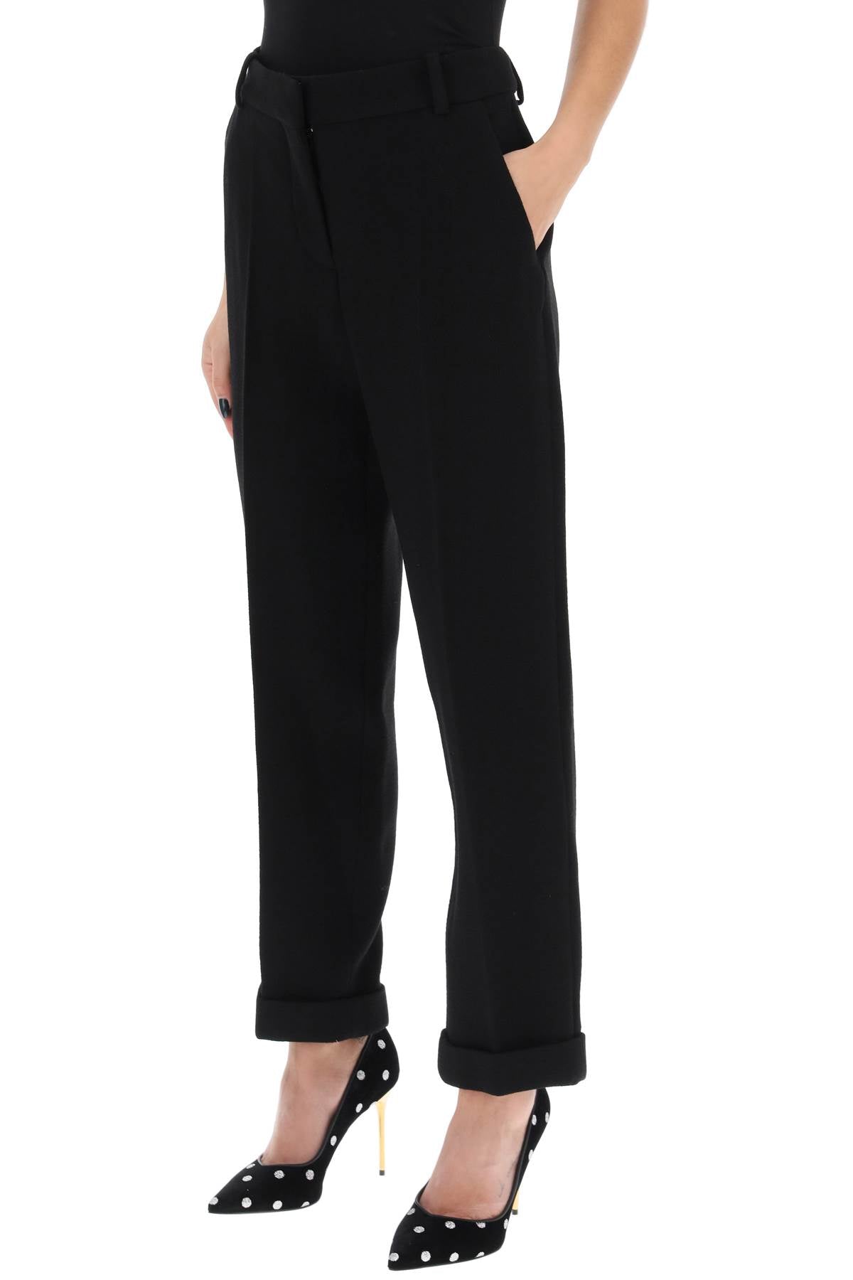 BALMAIN High-Waisted Wool Crepe Cuffed Trousers for Women in Black