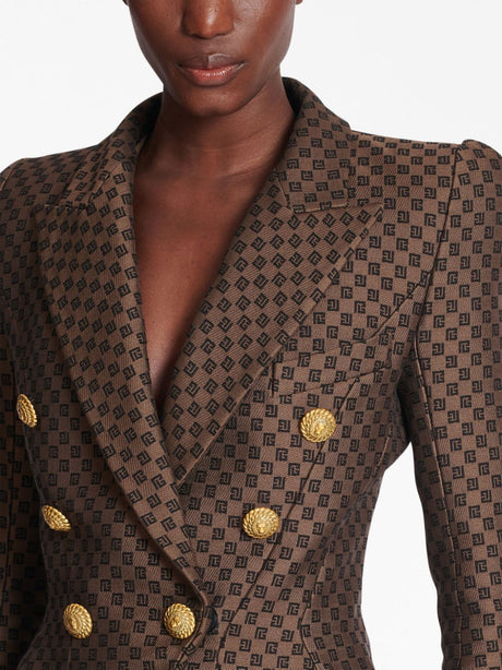 雙排扣棕色拼布商標綴花設計西裝外套