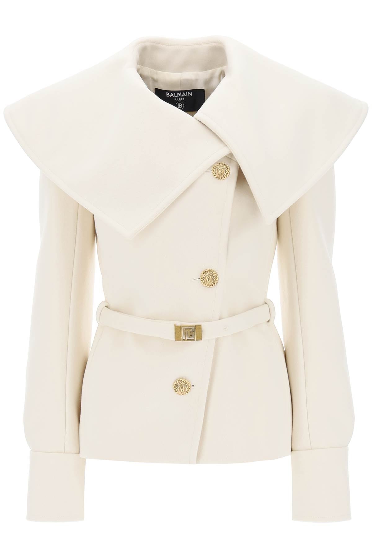 BALMAIN Fitted White Women's Peacoat with Oversized Collar and Monogram-Buckled Belt