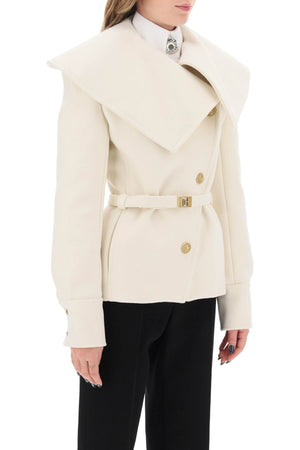 BALMAIN Fitted White Women's Peacoat with Oversized Collar and Monogram-Buckled Belt