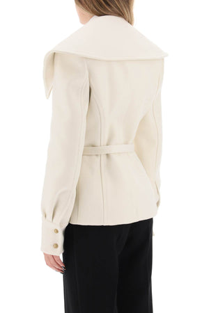 BALMAIN Fitted White Women's Peacoat with Oversized Collar and Monogram-Buckled Belt