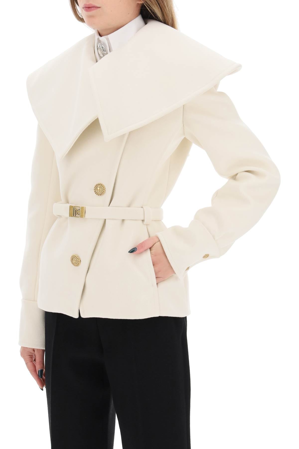 BALMAIN Fitted White Women's Peacoat with Oversized Collar and Monogram-Buckled Belt