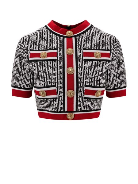 BALMAIN Multicoloured Knit Short Top with Contrasting Piping and Gold Buttons