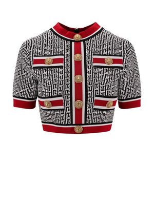 BALMAIN Multicoloured Knit Short Top with Contrasting Piping and Gold Buttons