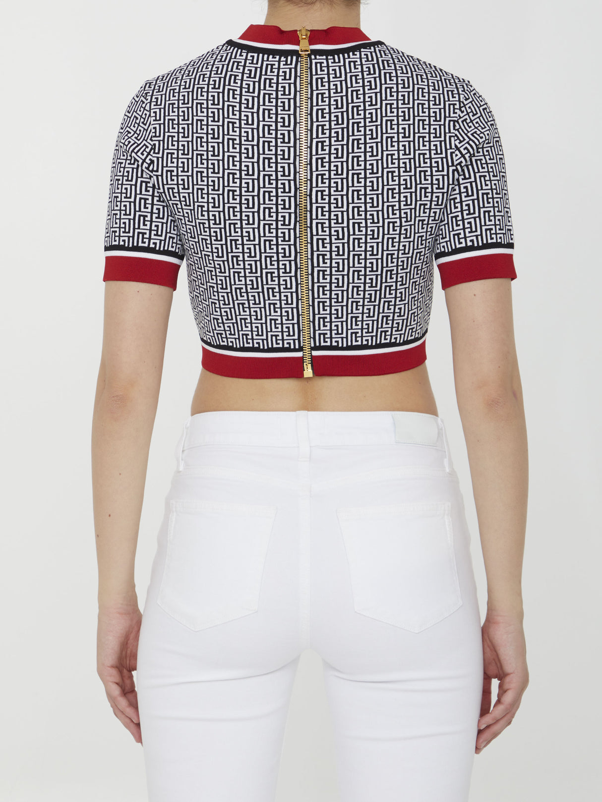 BALMAIN Multicoloured Knit Short Top with Contrasting Piping and Gold Buttons