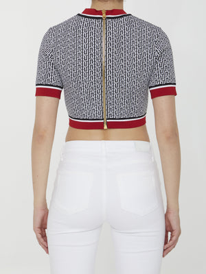 BALMAIN Multicoloured Knit Short Top with Contrasting Piping and Gold Buttons