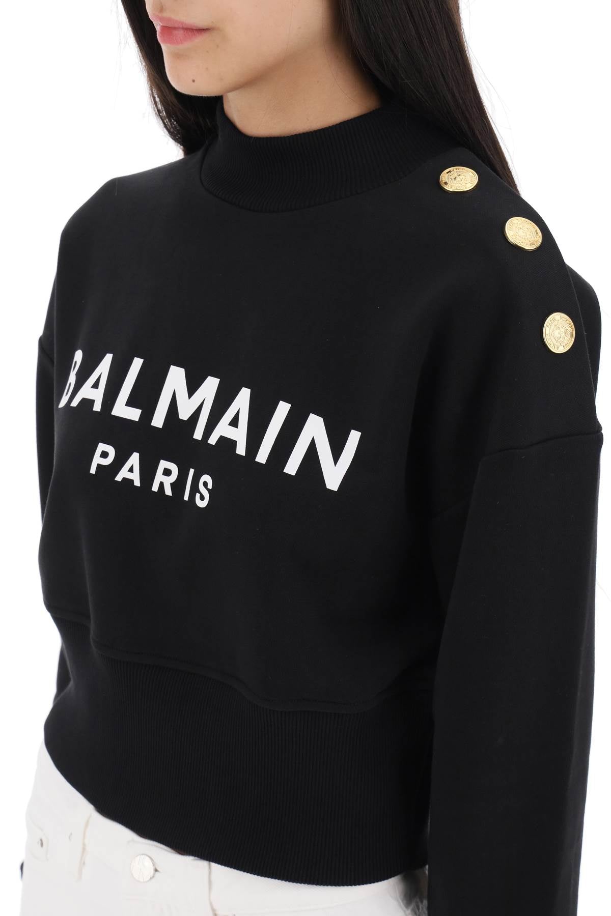 BALMAIN Embellished Button Black Cotton Sweatshirt for Women