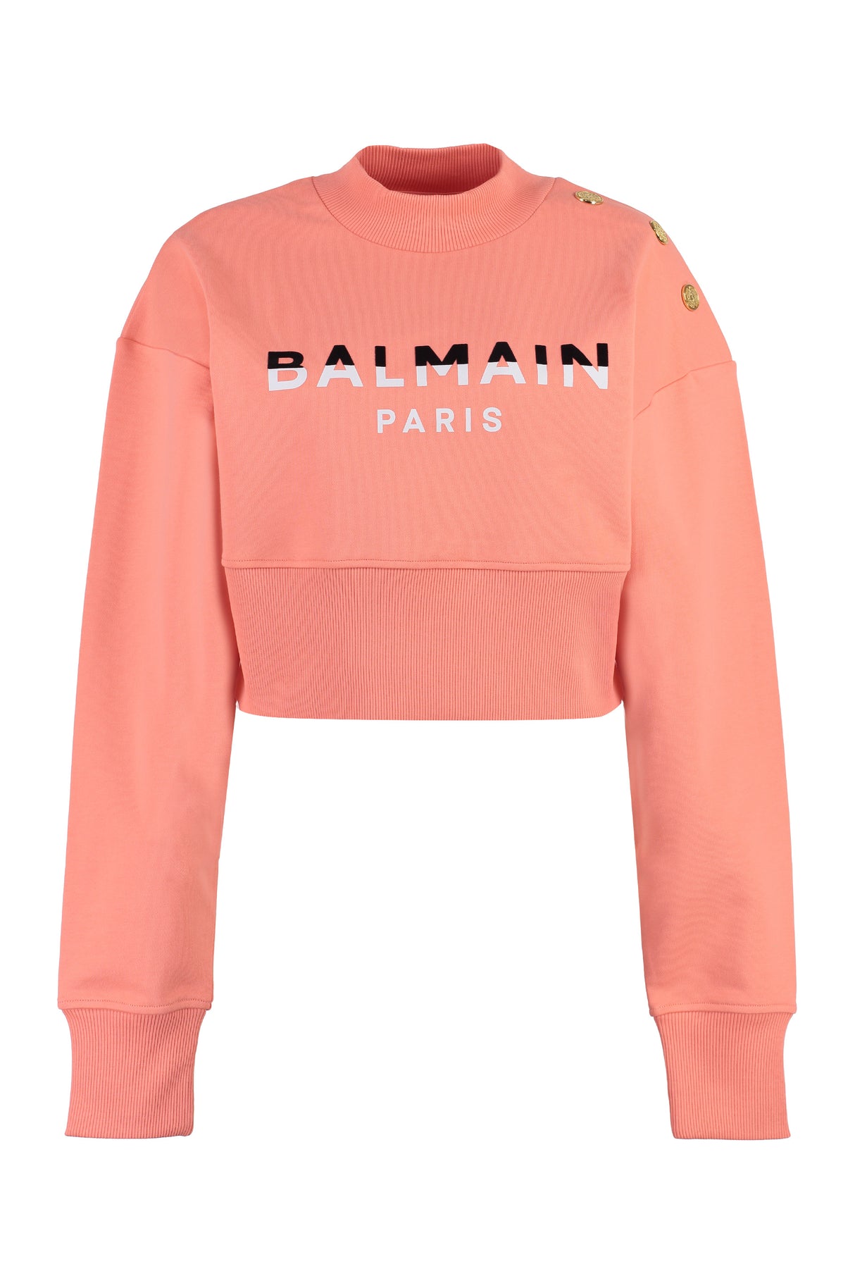 Coral Crew-Neck Velvet Print Sweatshirt with Embellished Buttons