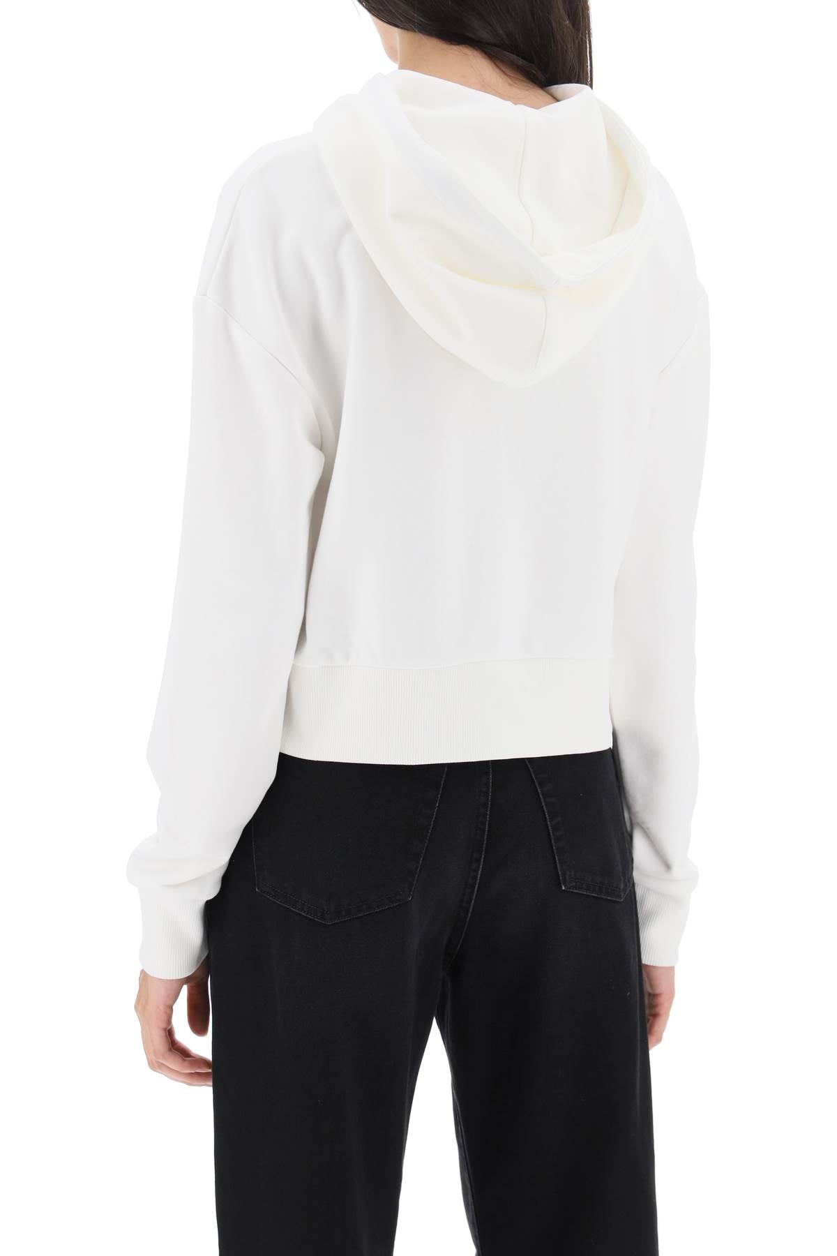 BALMAIN White Cropped Cotton Sweatshirt with Flocked Logo Print