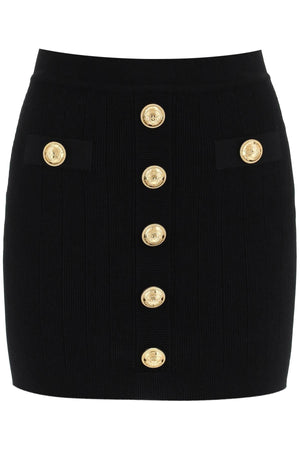 Sleek Black Knit Mini Skirt with Embellished Buttons for Women