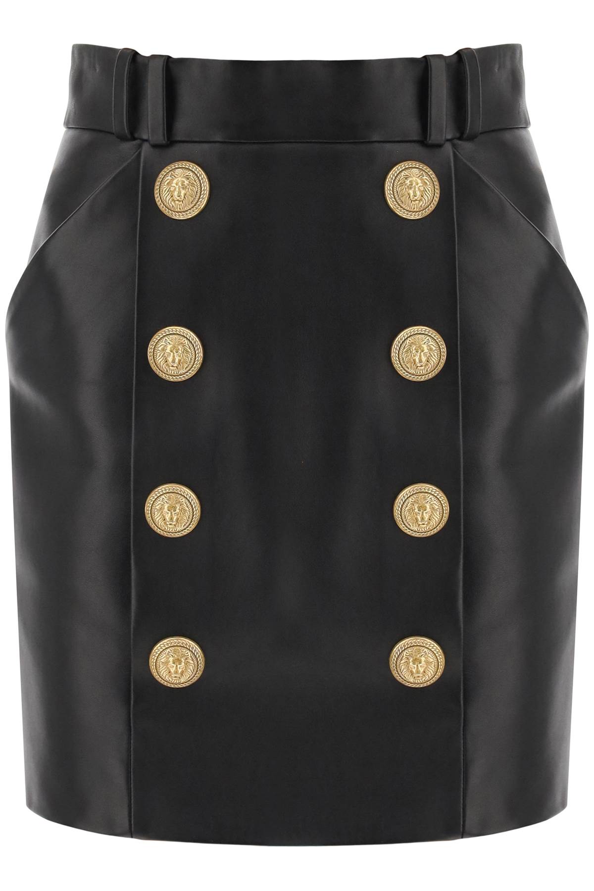 BALMAIN Luxurious Leather Mini Skirt with Lion-Head Buttons