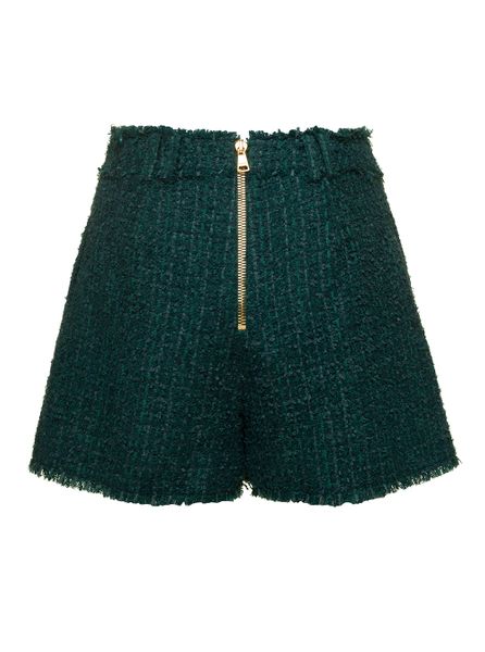 BALMAIN Dark Green Bouclé High-Waisted Shorts for Women | FW23 Collection