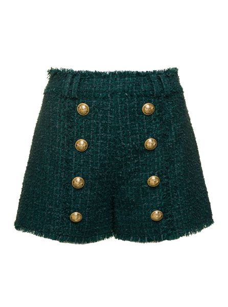 BALMAIN Dark Green Bouclé High-Waisted Shorts for Women | FW23 Collection