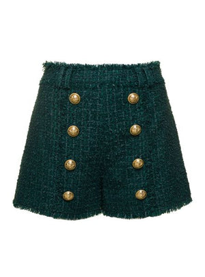 BALMAIN Dark Green Bouclé High-Waisted Shorts for Women | FW23 Collection