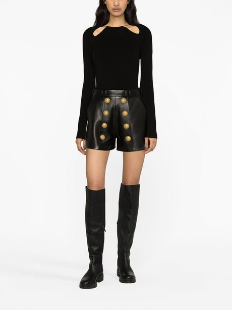 High Waisted Black Leather Shorts with Gold Button Embellishment