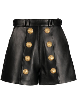 High Waisted Black Leather Shorts with Gold Button Embellishment