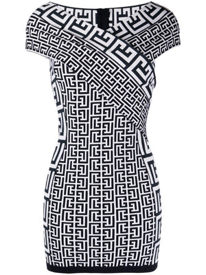 BALMAIN Elegant Off-Shoulder Knit Dress in Classic Monogram Pattern for Women