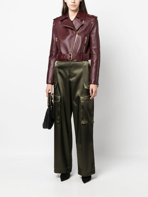 BALMAIN Stylish Burgundy Cropped Biker Jacket for Women