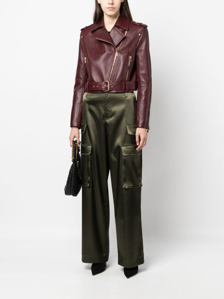 BALMAIN Stylish Burgundy Cropped Biker Jacket for Women