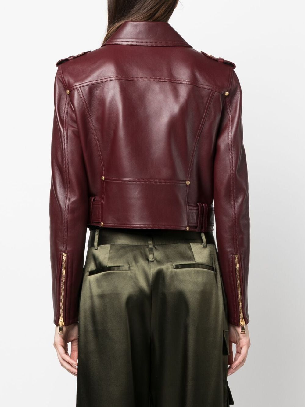 BALMAIN Stylish Burgundy Cropped Biker Jacket for Women