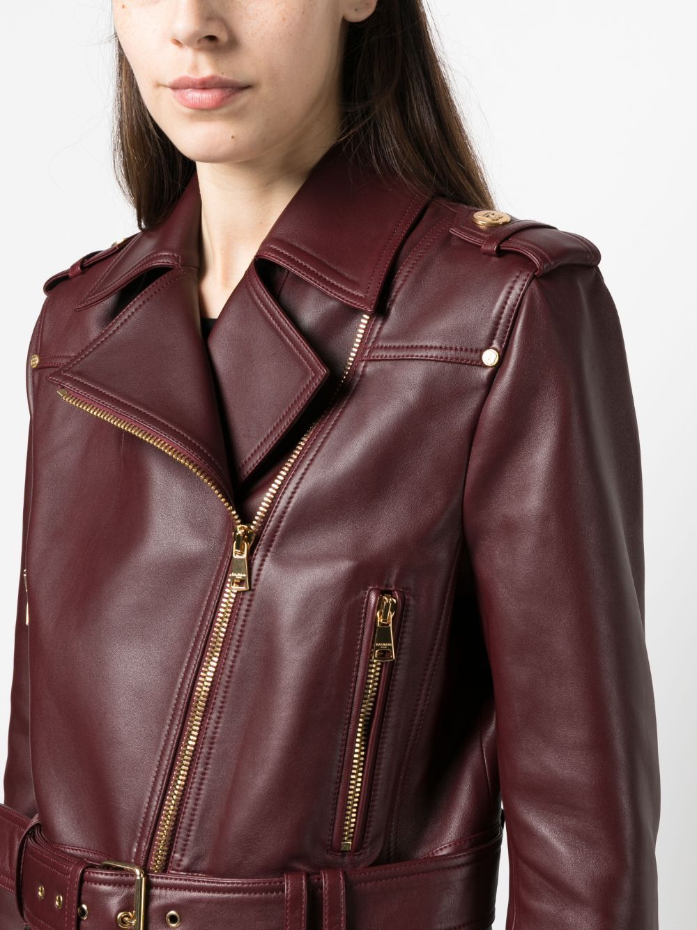 BALMAIN Stylish Burgundy Cropped Biker Jacket for Women