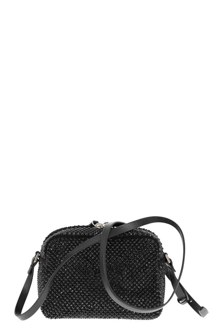 Black Leather Camera Bag with Diamond Embroidery