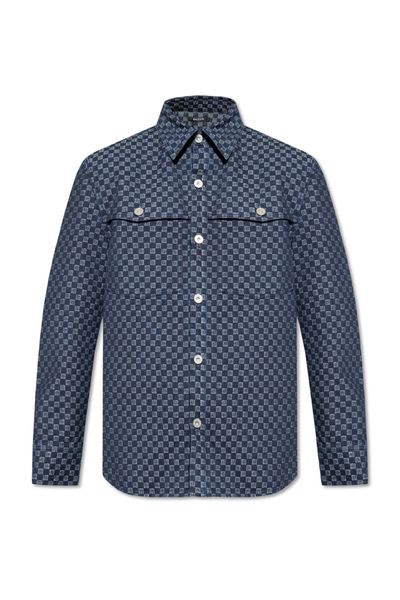 BALMAIN Blue Monogram Jacquard Curved Hem Denim Shirt for Men