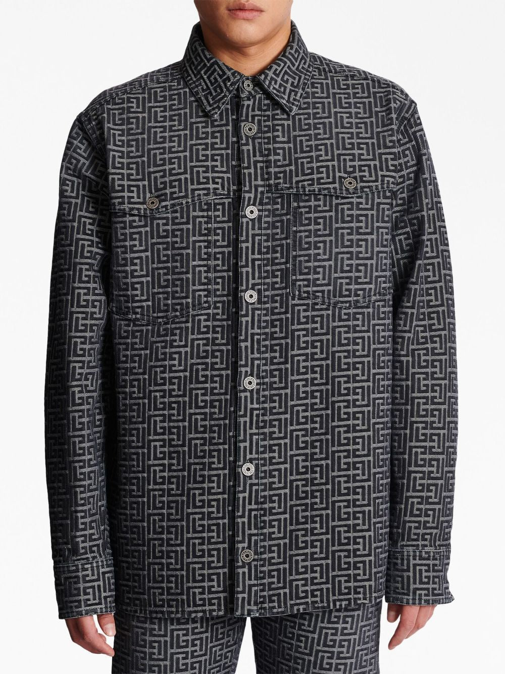 BALMAIN Jacquard Monogram Denim Shirt in Used Black for Men