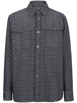 BALMAIN Jacquard Monogram Denim Shirt in Used Black for Men