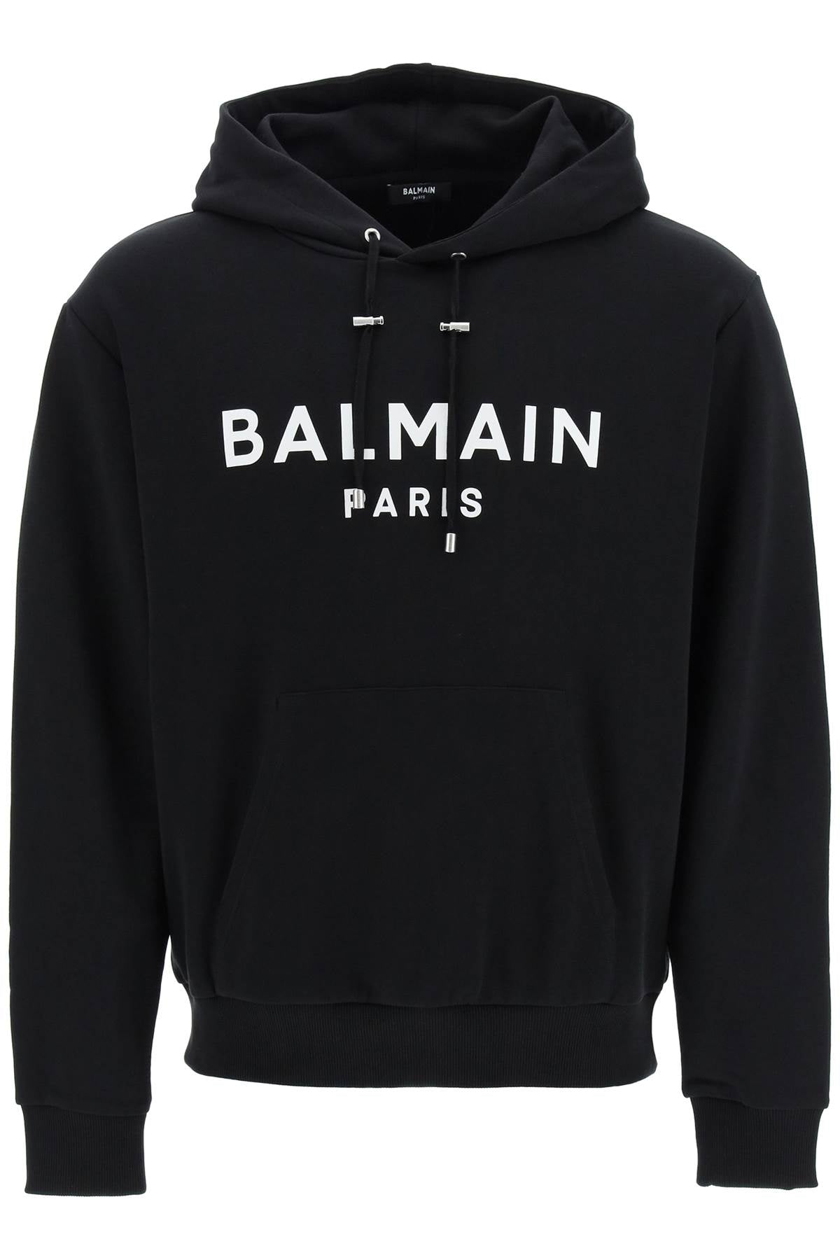 BALMAIN Men's Black Cotton Hoodie with Ribbed Cuffs and Hem