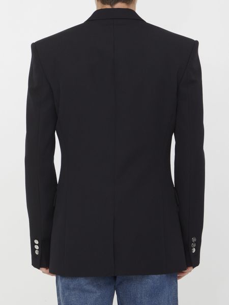 Fitted Black Wool Jacket - Classic Lapels, Single-Breasted Closure, Silver-Tone Accents