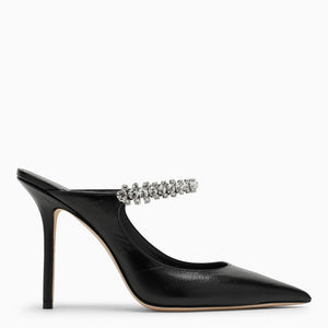 JIMMY CHOO Black Leather Crystal Strap Sabot with Pointed Design and Slim Heel