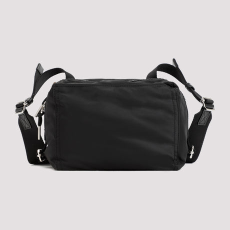 Black Nylon Messenger Handbag for Men with Leather Details and Silver-Tone Hardware