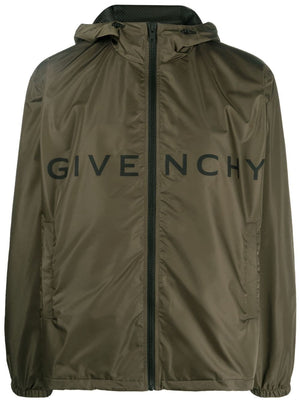 GIVENCHY Men's Olive Green Logo-Print Hooded Windbreaker for SS24