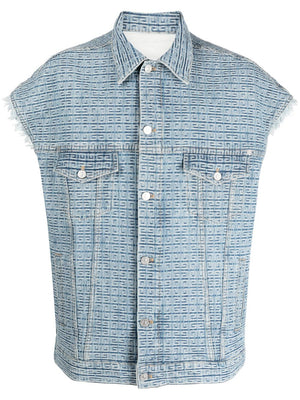 GIVENCHY Mens 4G-Pattern Denim Vest with Monogram Pattern and Frayed Edge